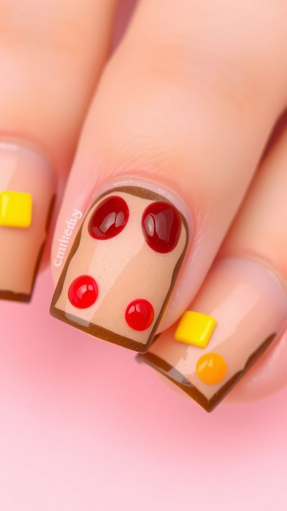 Nails painted with toast design, featuring crust and colorful toppings.